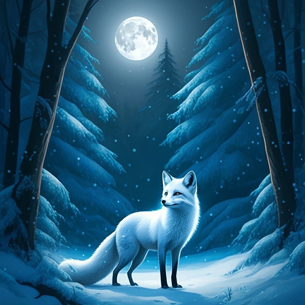 White Fox Shimmers Under Moonlit Snow