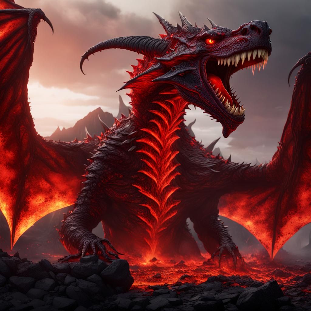 red wyvern with giant fangs with blood dripping down atop a mountain ...