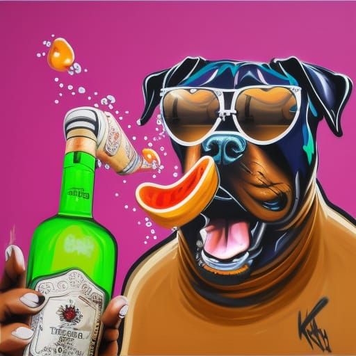 black rottweiler winking holding a  bottle of tequila with s...