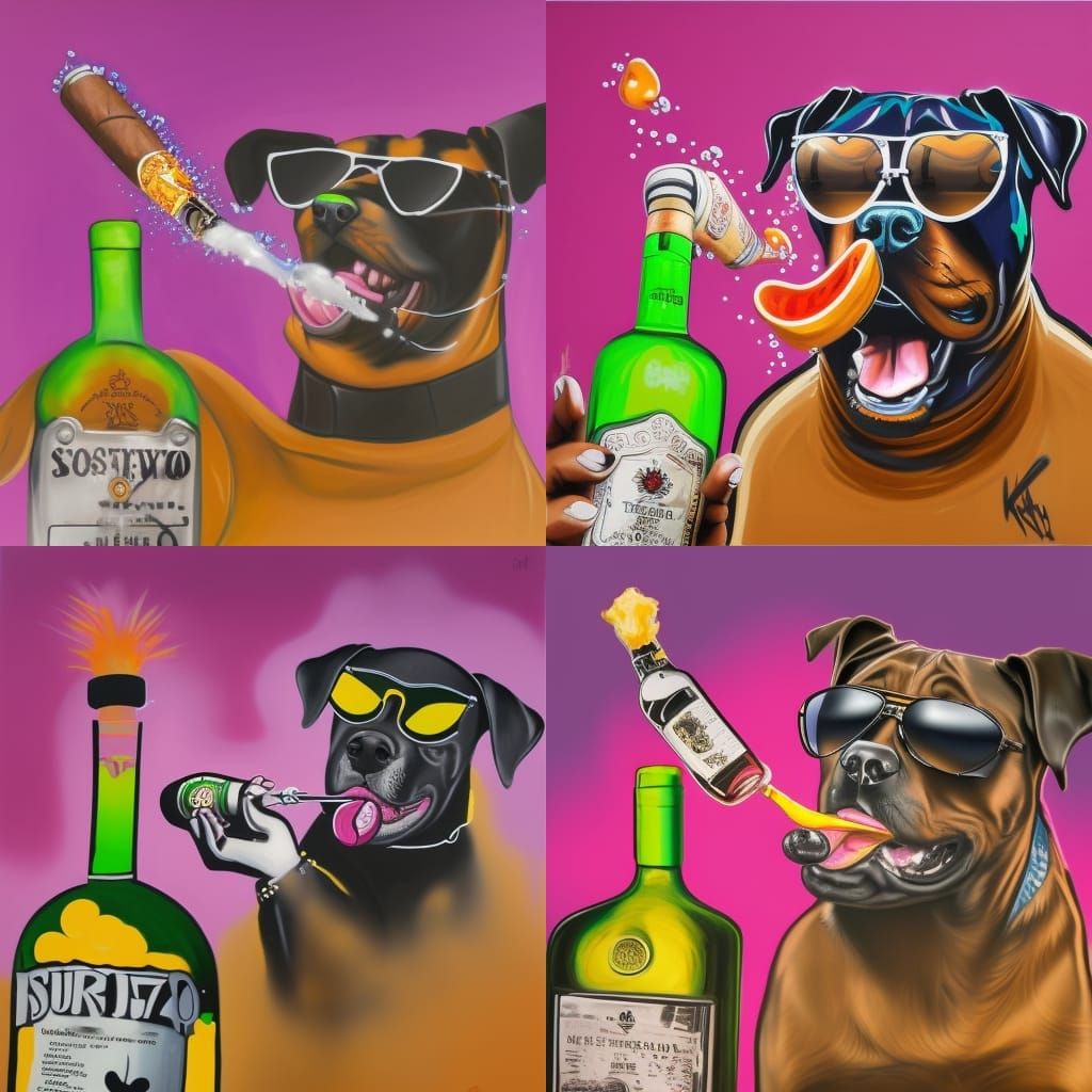 black rottweiler winking holding a  bottle of tequila with s...