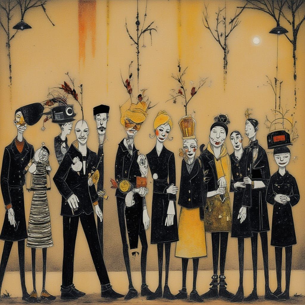 <lora:denizpeky:1.0> art of avangard  of layers of parallel lives of cute noir  characters in peace minimal sarcastic figures