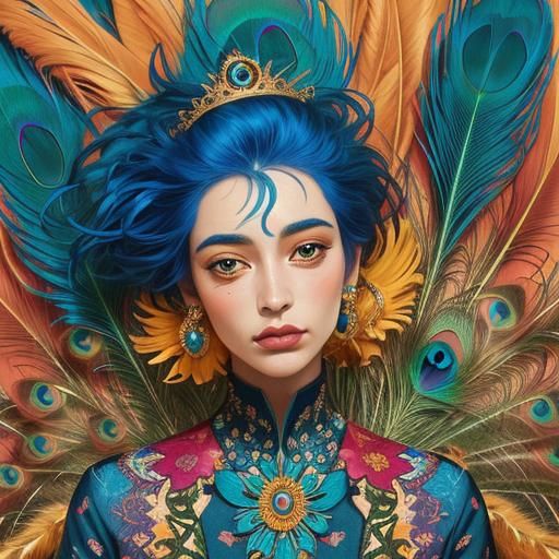 Beautiful woman with blue hair, crown made out of orange flo...