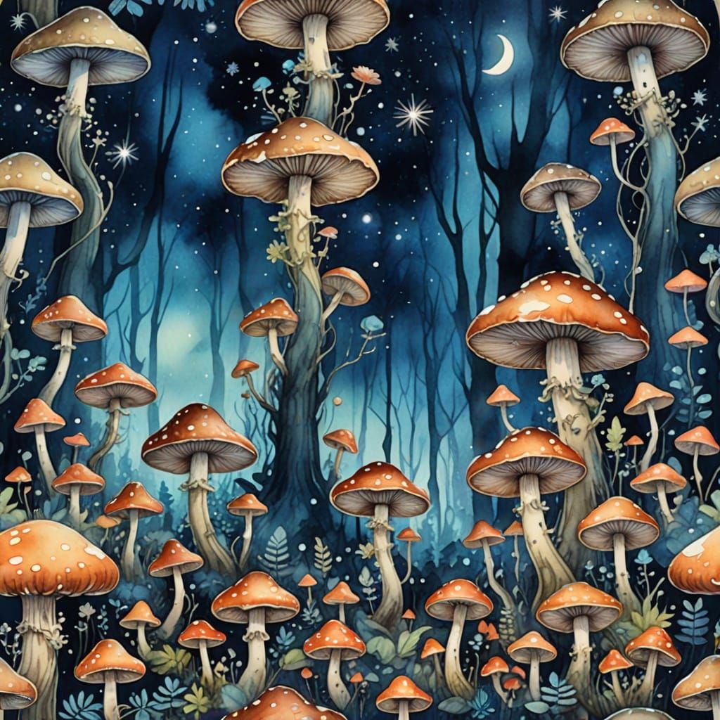 A surreal artwork of a forest of giant mushrooms, with bioluminescent veins, tiny fairies fluttering ...  by @FluffWuff