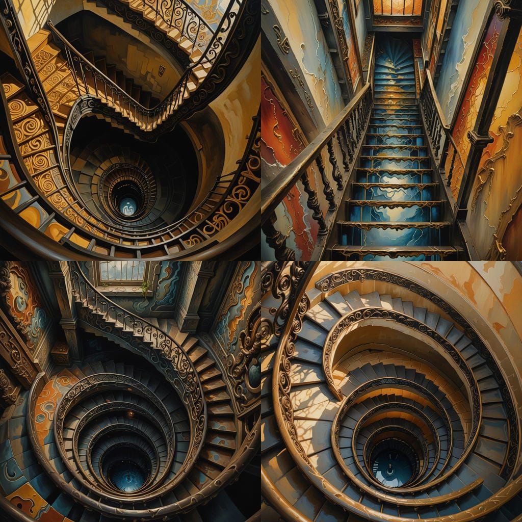 Looking down A staircase that twists with no clear end inducing a sense of vertigo
Anchor Escher surrealism Salvador Dal...