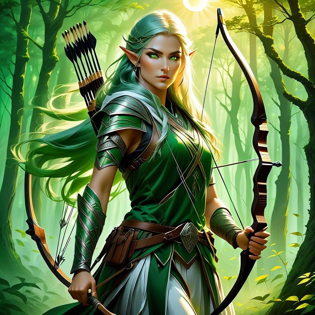 (masterpiece, best quality) A stoic Elven woman archer with sun-kissed ...