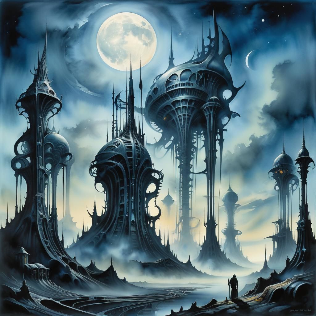 Eerie Biomechanical Landscape in Surreal Watercolor Style