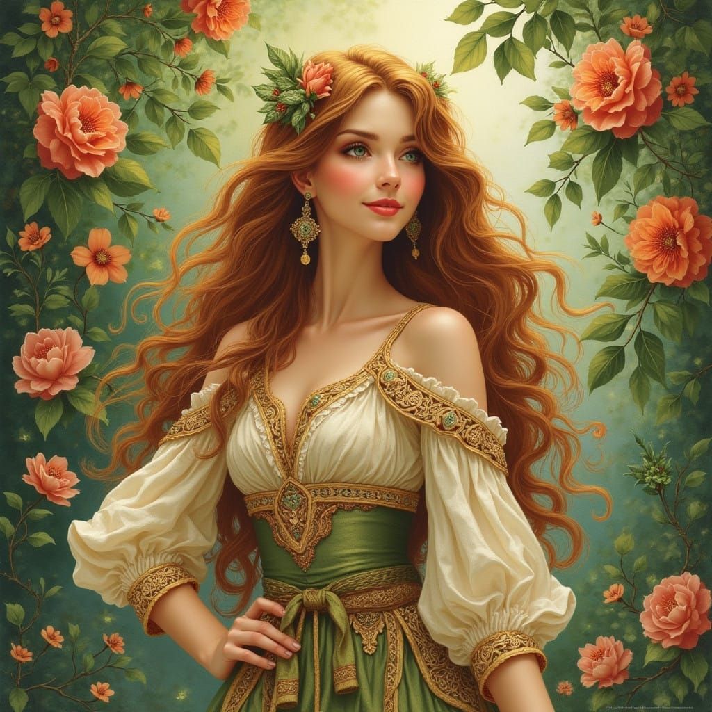 Ethereal Woman in Art Nouveau Style, Surrounded by Vibrant F...