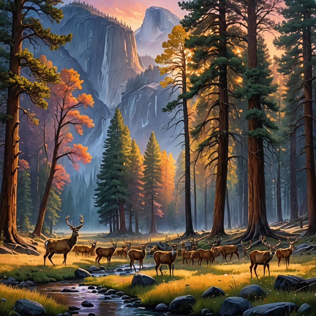 Yosemite National Park--Deer Gathered in Yosemite Valley at Sunset  by @OpalHorses