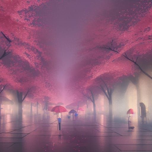 rainy day  under cherry blossom