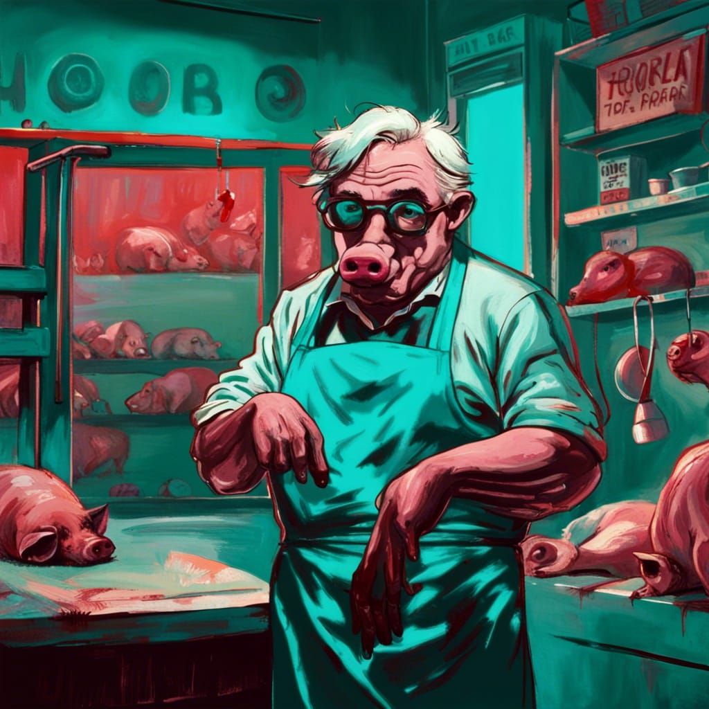 Horror, The butcher pig with the pig's head in an apron can ...