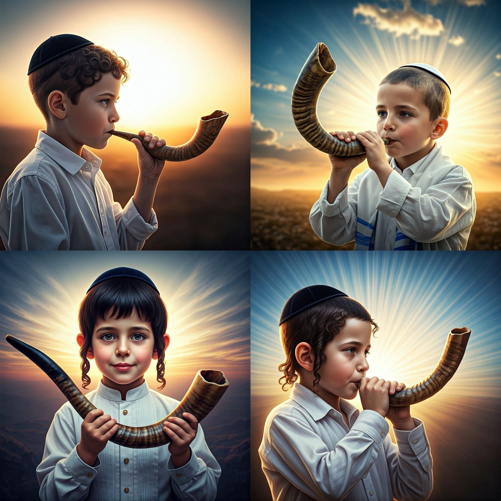 Sweet Jewish Boy Blowing Shofar in Sunlight
