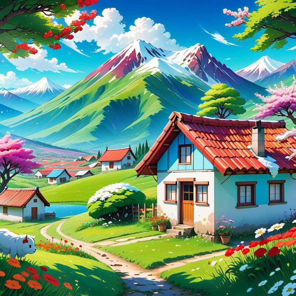 A vibrant vivid and cheerful. anime-style rural landscape wi...