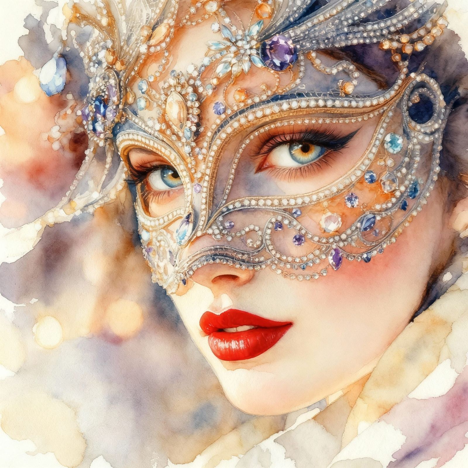 Watercolor painting of an elegant, mysterious woman's face  by @Lea