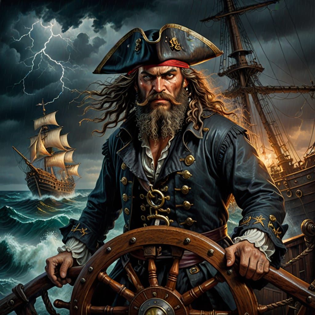 A bearded pirate in black with gold accents, grasps the wheel of his pirate ship.  The weather ...  by @Dragonrose9 