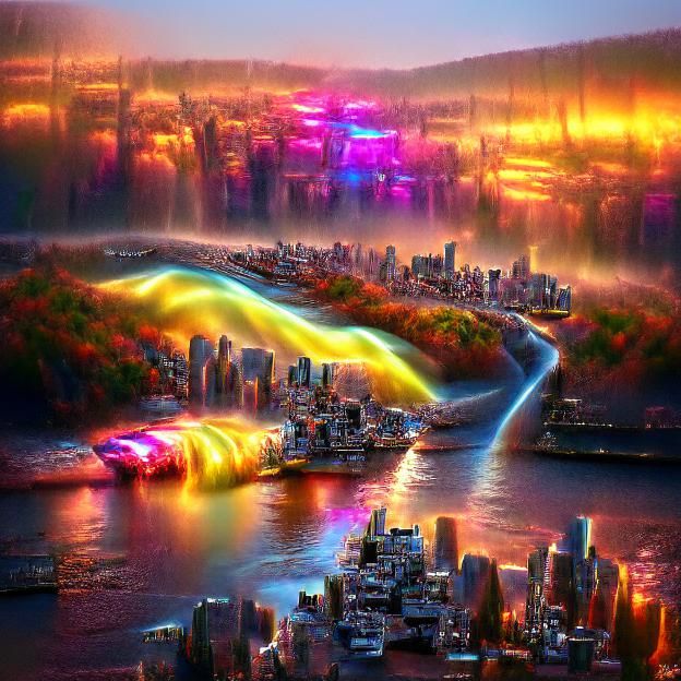 a golden cyberpunk New York City at sunset during fall fille...