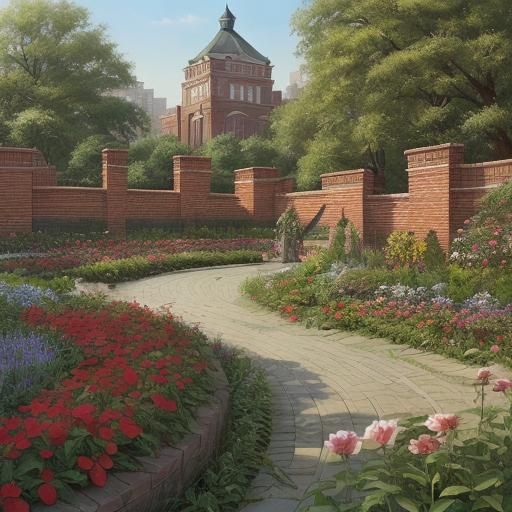 City Park Garden with Red Brick Wall, Matte Painting