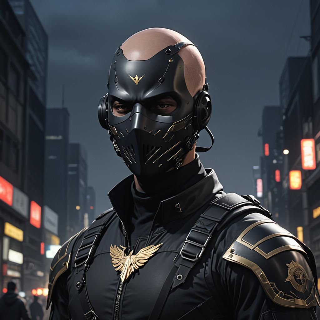 black hawk mixed with bald man with black mask and midnight ...