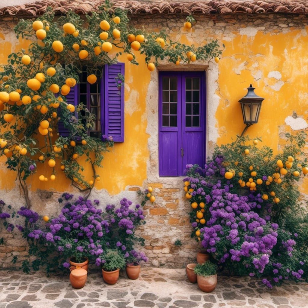 <lora:JUAN B STYLE:1.0> a beautiful purple house with yellow shutters, weathered, a fruit tree in the foreground, ivy and sweet pea climbing...