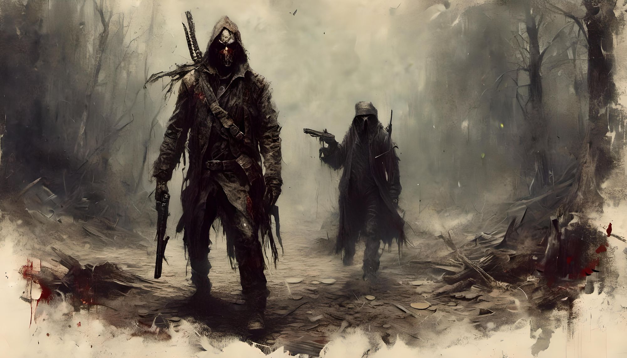 <lora:Macabre:1.0> Bounty hunter, dark forest, blood,city street, 