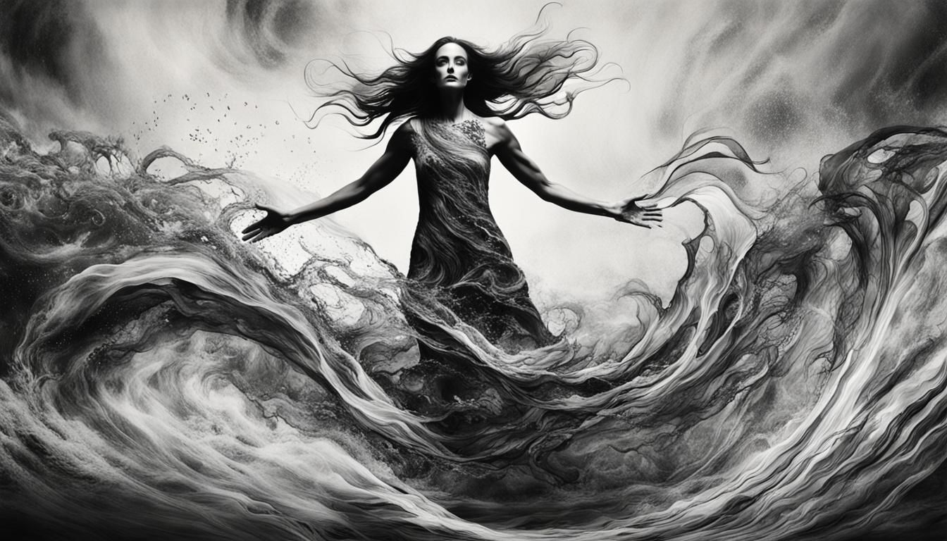 Artistic black and white image featuring a central figure th...