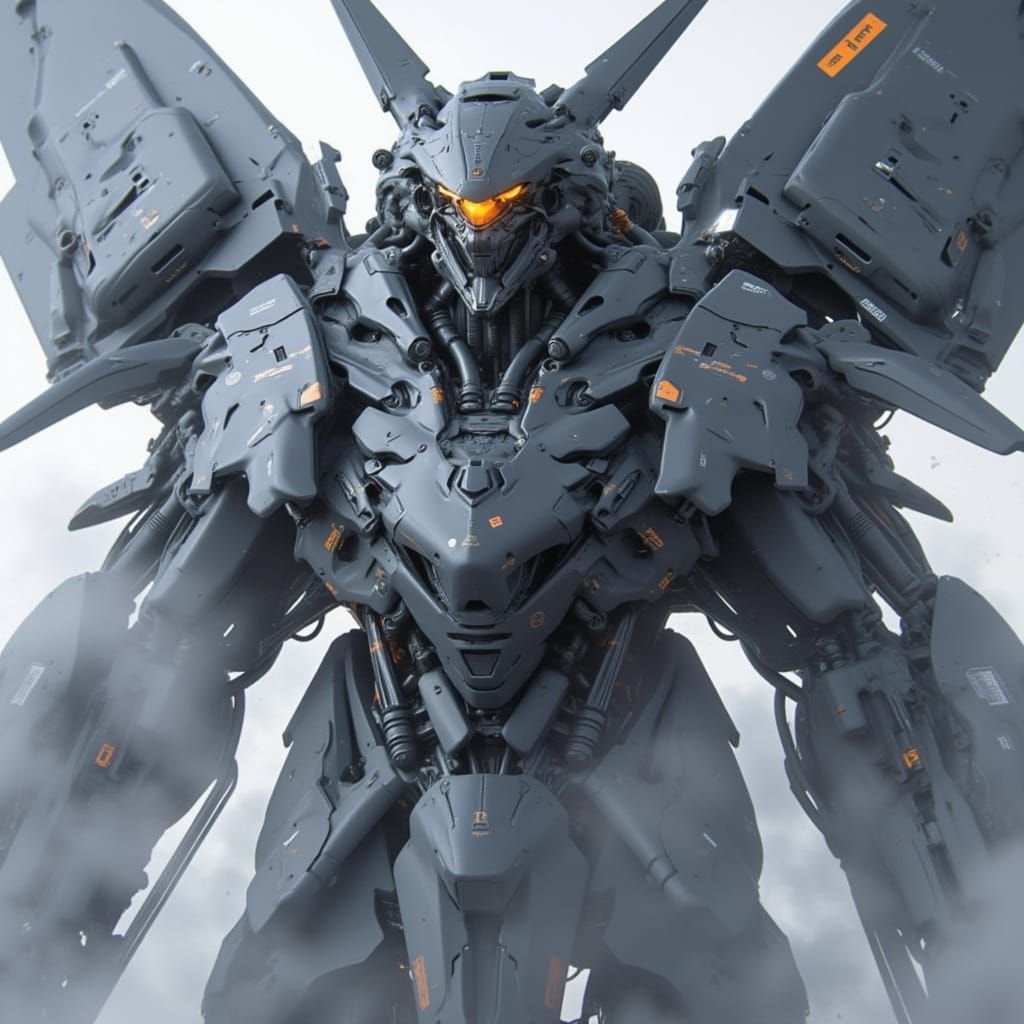 <lora:Predatory Mecha:1.0> Hard surface meh suit, prominent enormous towering mechanical wings