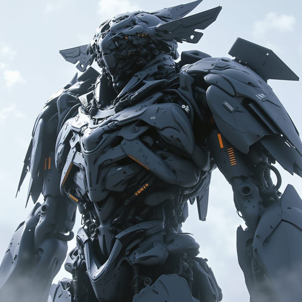 <lora:Predatory Mecha:1.0> Hard surface meh suit, prominent enormous towering mechanical wings