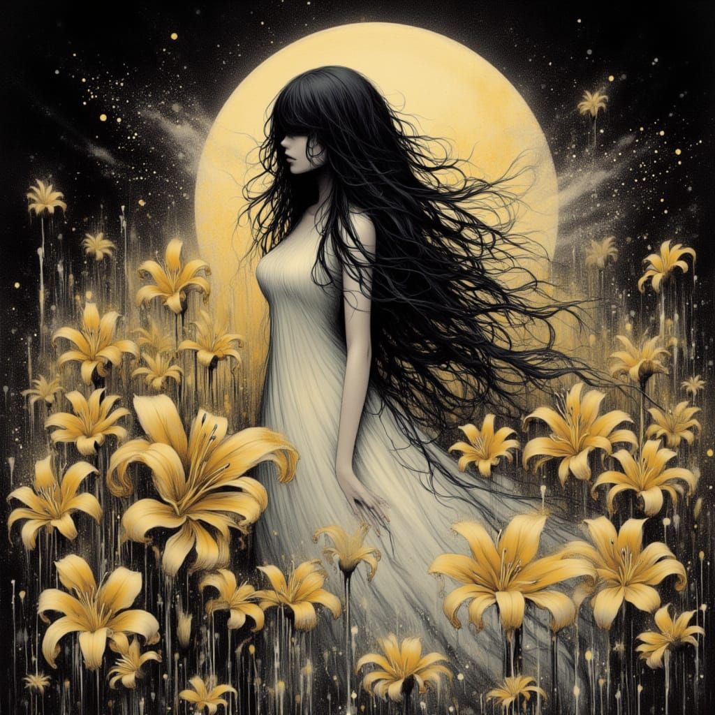 <lora:Fleur Apparition:1.0> She rises in silence—long black hair cascading like smoke to her feet, lifted by unseen winds. Her flowing cream...