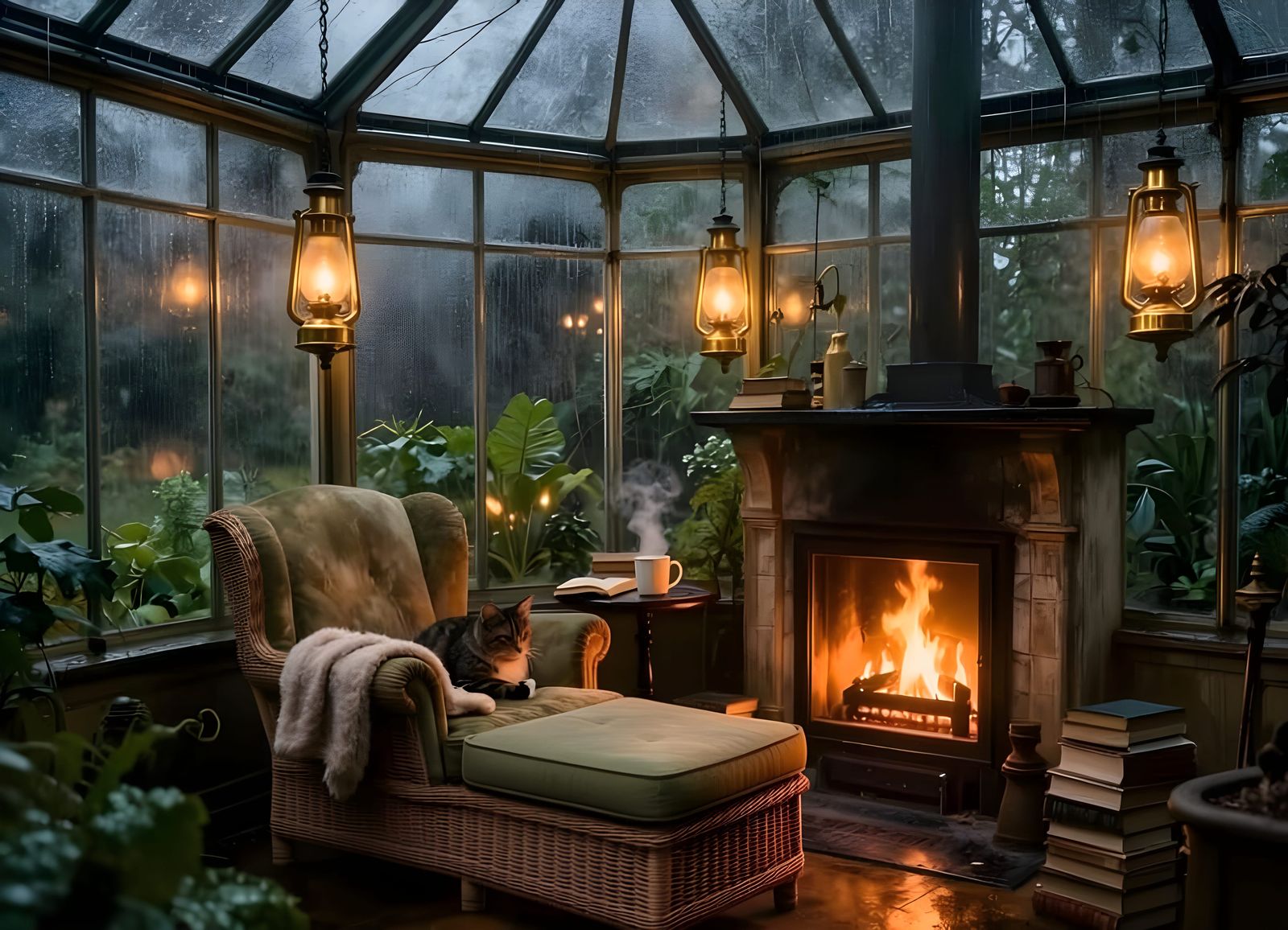 Reading nook in a Victorian glasshouse on a rainy day  by @Havping