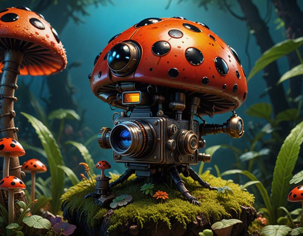 A ladybug explorer perched atop a towering mushroom in a lush, alien jungle. The ladybug is equipped ...  by @Brian
