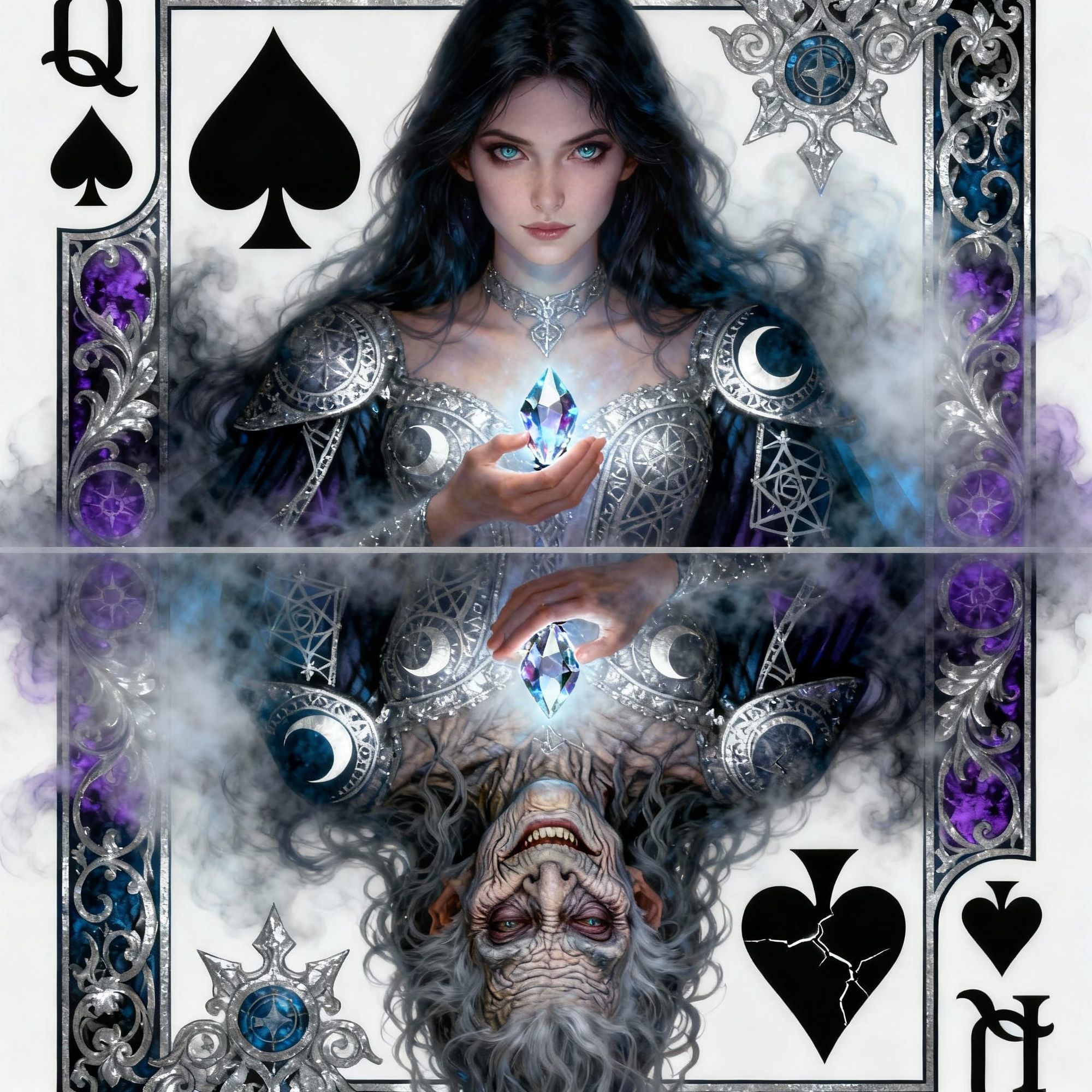 A color playing card in the style of the Queen of Spades, richly illustrated. On the upper half, a young, beautiful witch with long dark hai...