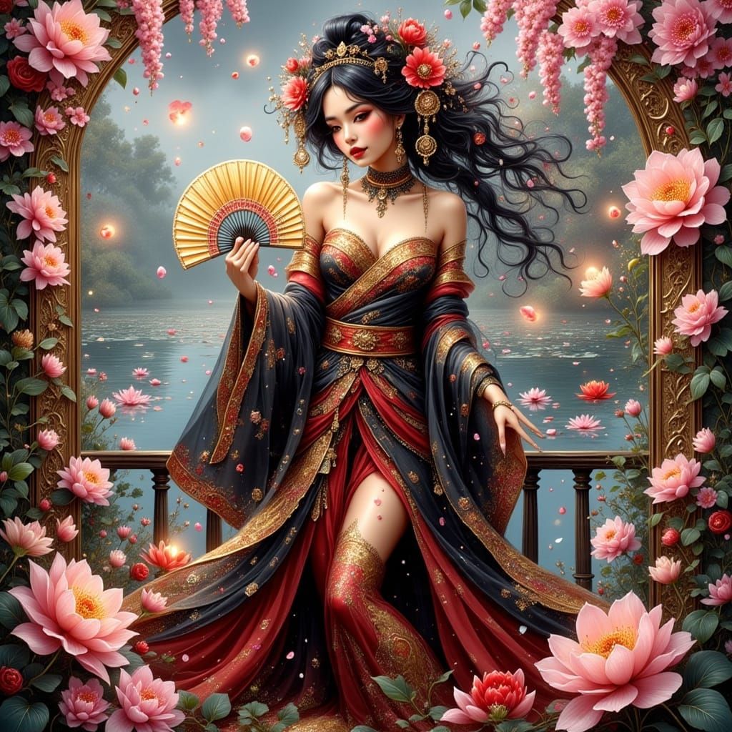 Elegant Geisha Fan Dance Over Tranquil Lake
