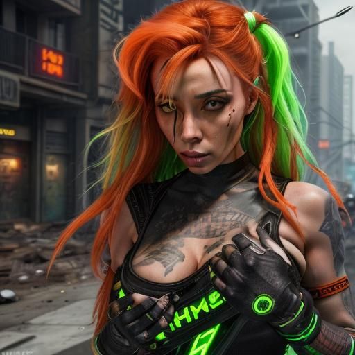 <lora:pretty woman:1.0> Close up of cyberpunk girl with long...