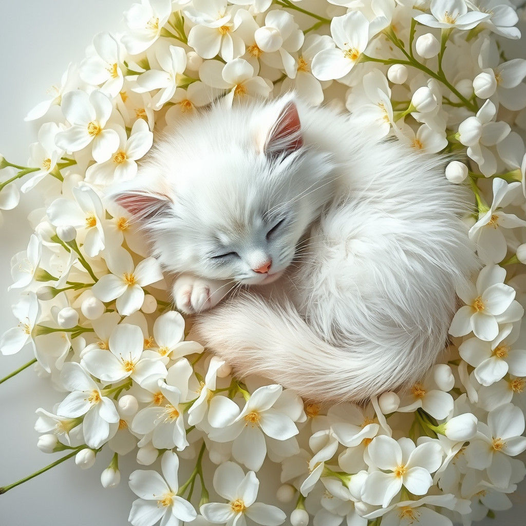 Dreamy White Kitten Sleeping Among White Flowers
