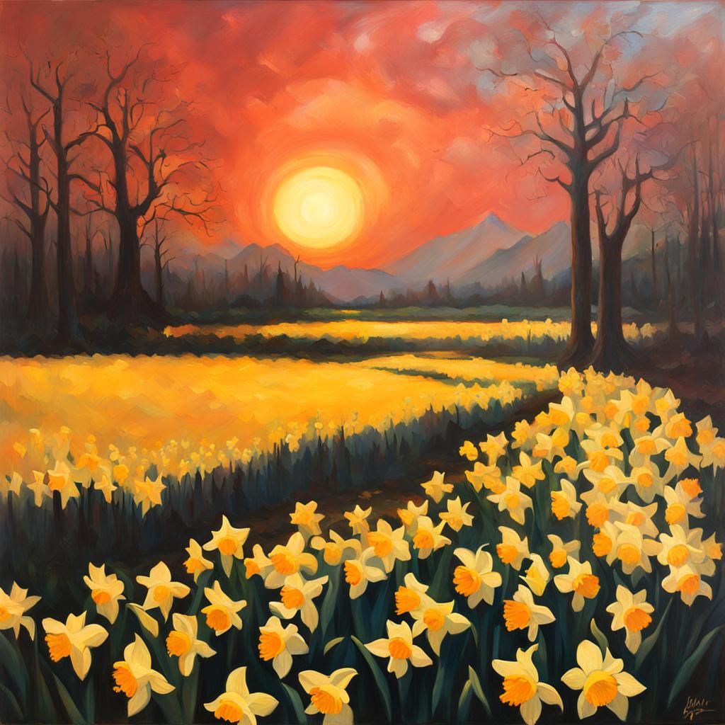 Sunrise over blooming daffodil field in the style of Gerald ...
