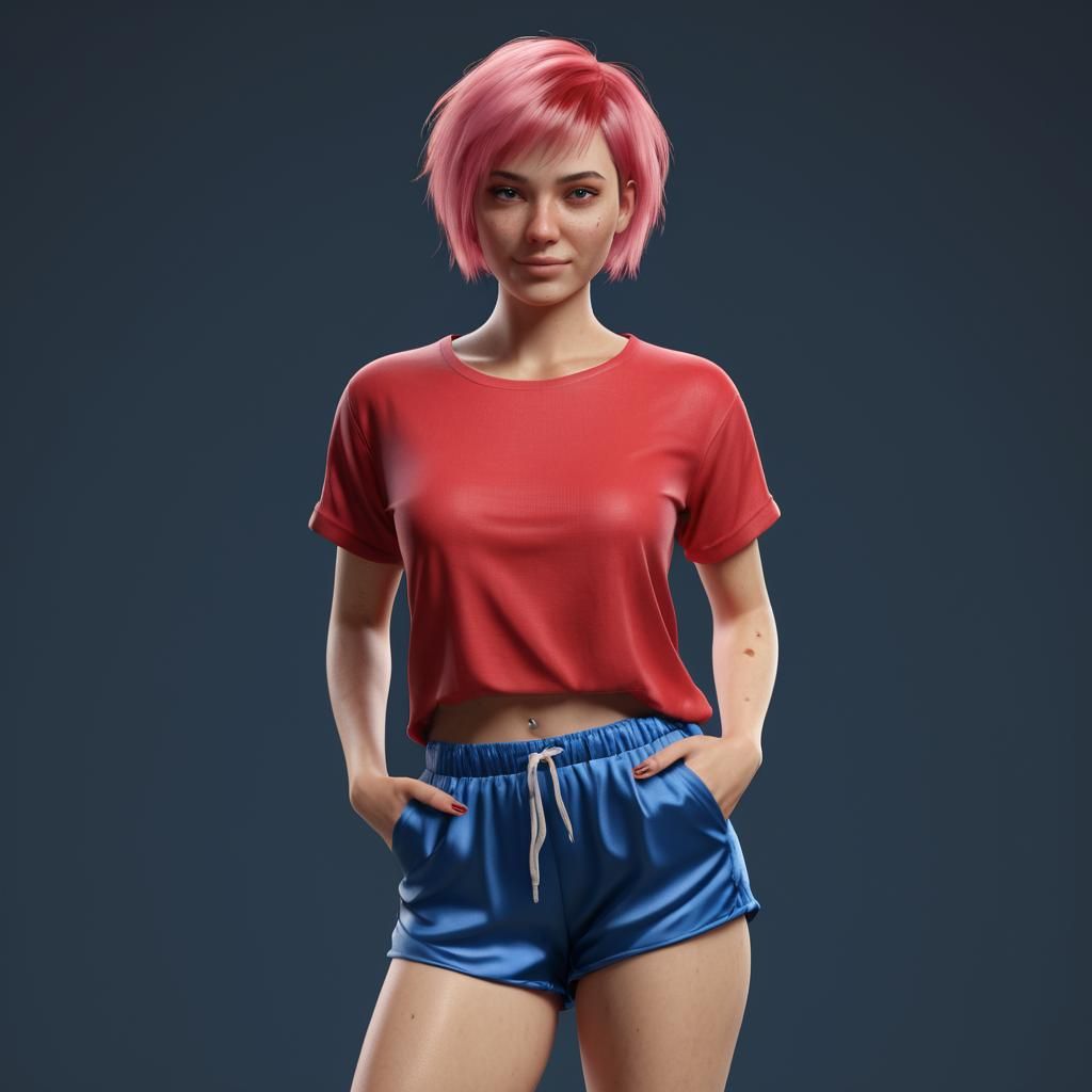 A young woman with short pink hair