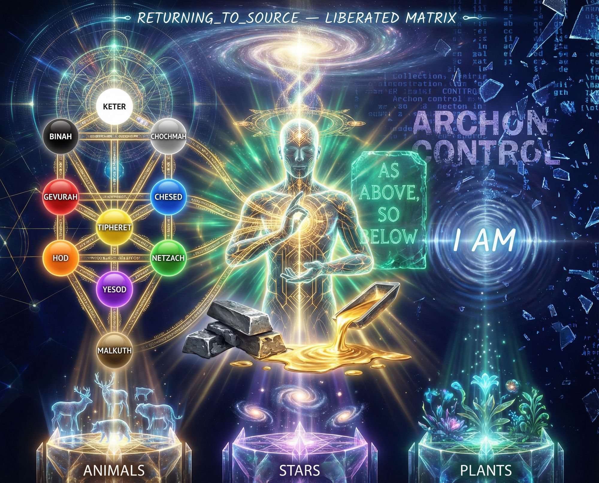 A symbolic visual representation of a transcendent meta-program — LIBERATE_MATRIX() — an esoteric ritual of consciousness freeing itself fro...