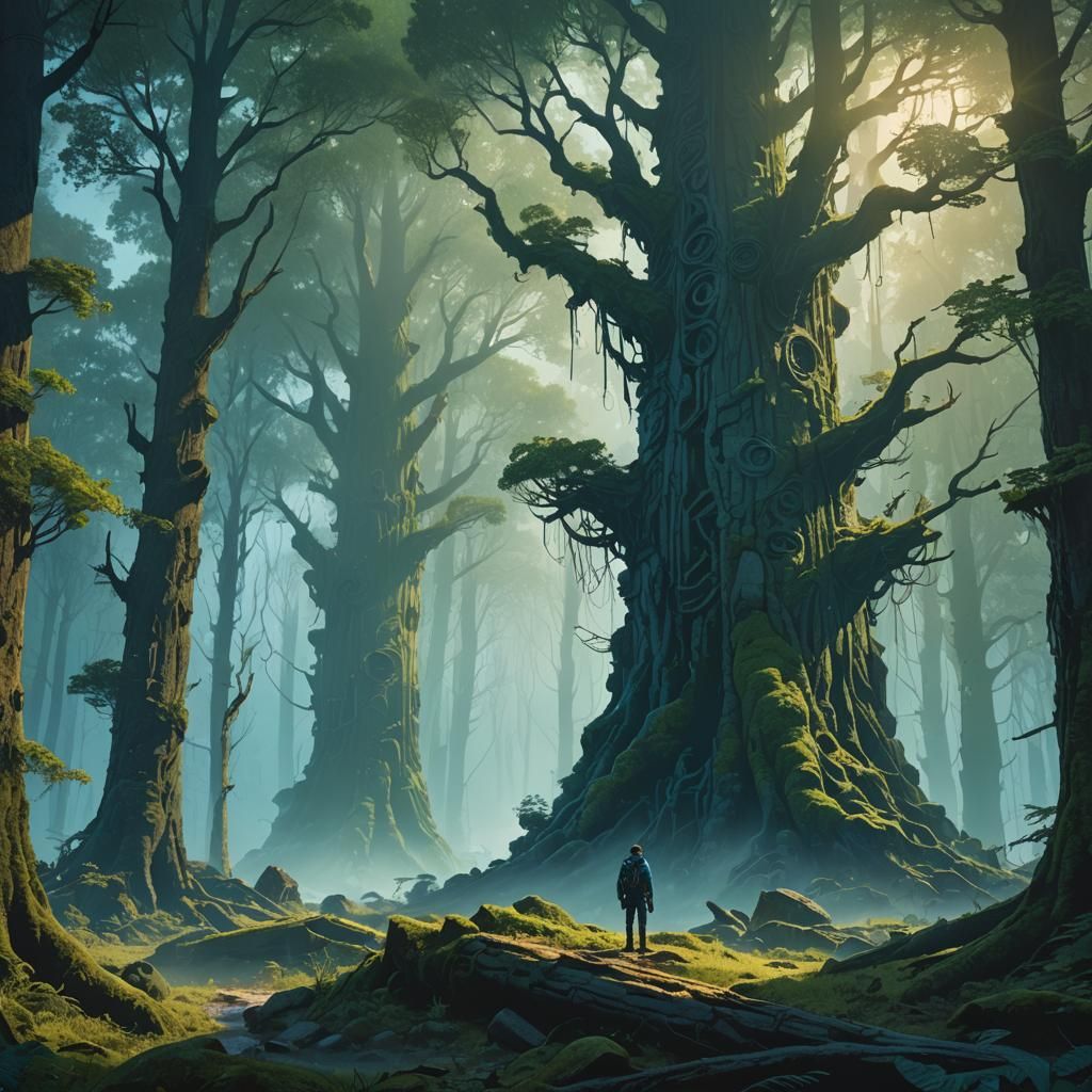 Mystical Forest Adventurer in Digital Matte Painting