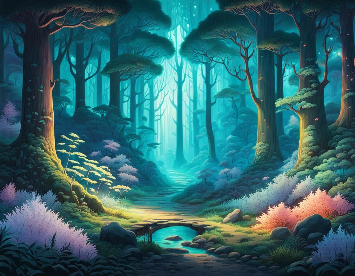 an illustration of a mystical forest 