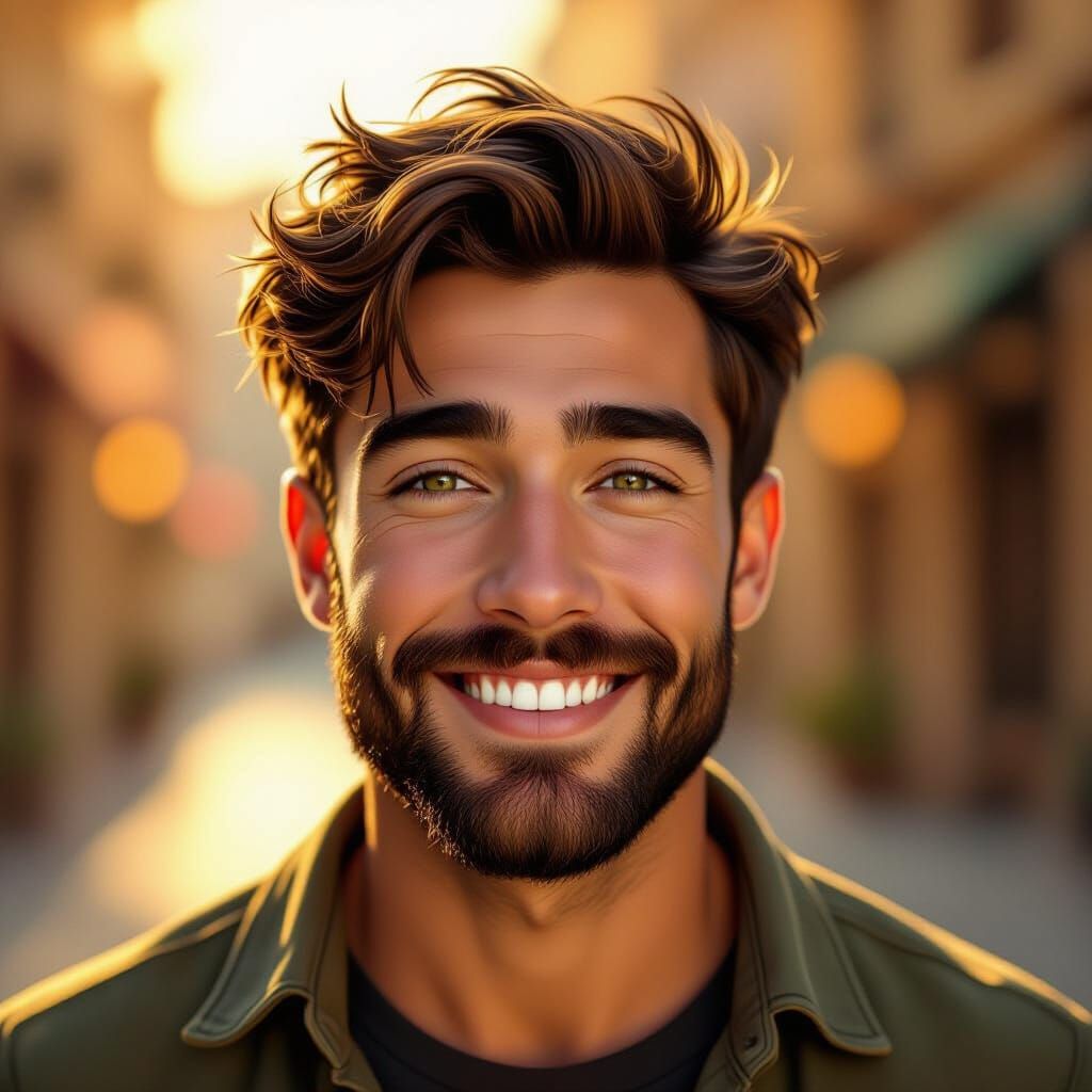 Joyful Man in Golden Hour Lighting, Digital Illustration