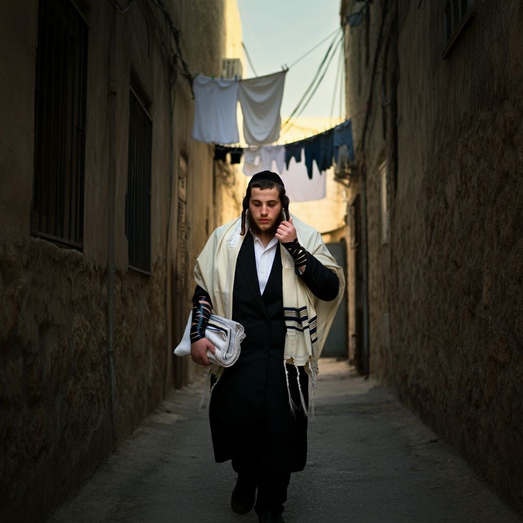Hasidic Man Contemplates Morning Light in Alley