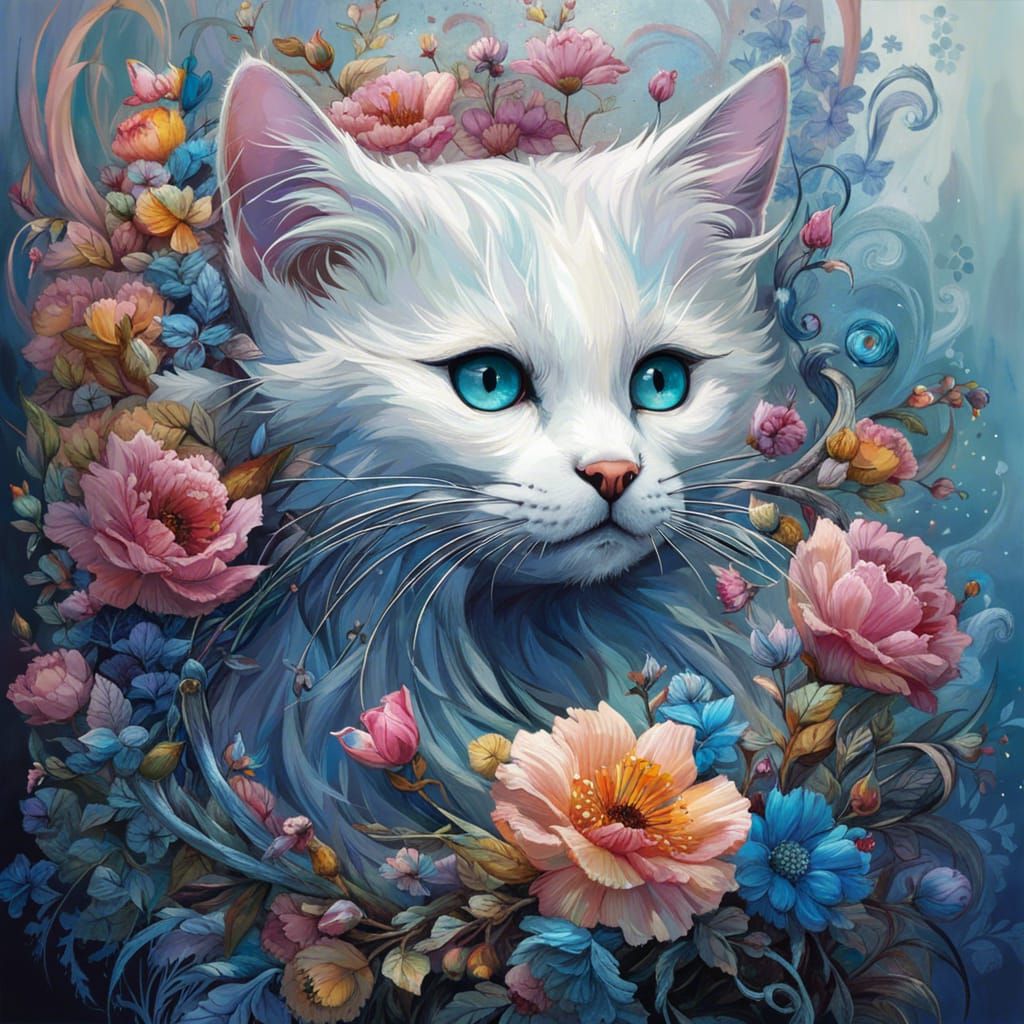 Floral Kitten Fantasy: A Detailed Digital Painting