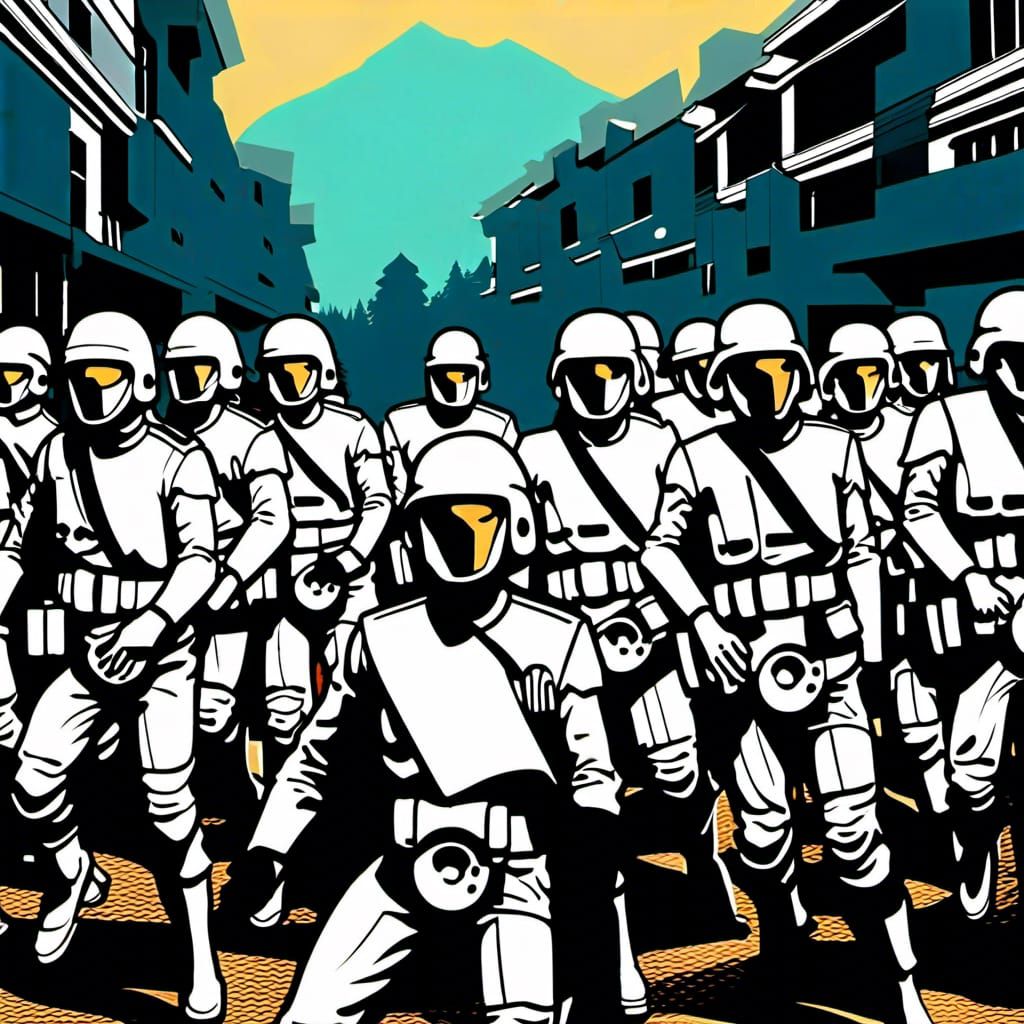 <lora:pulpc:1.0> a group of soldiers standing next to each o...