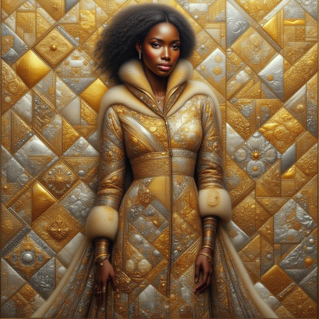 <lora:kak-festivepatch:1.0> golden and silver patchwork. Centered, big, beautiful woman with patchwork coat
