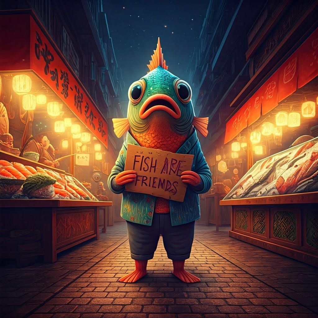 A concerned Charlie searches the fish market for his missing...