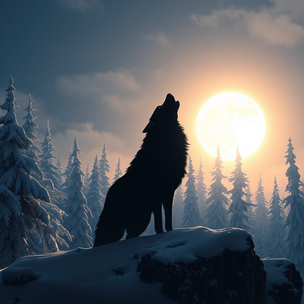 A lone wolf howling at the full moon in a snow-covered forest.  by @Aspen