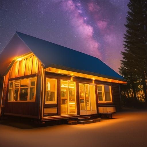 A diner from the 80's at night next to the woods lit by camp...