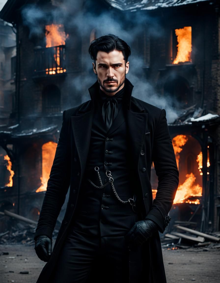 Young handsome man blackhaired in black clothes. Houses burn...