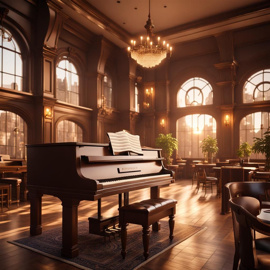 Beautiful brown café with an upright piano 8k resolution, co...