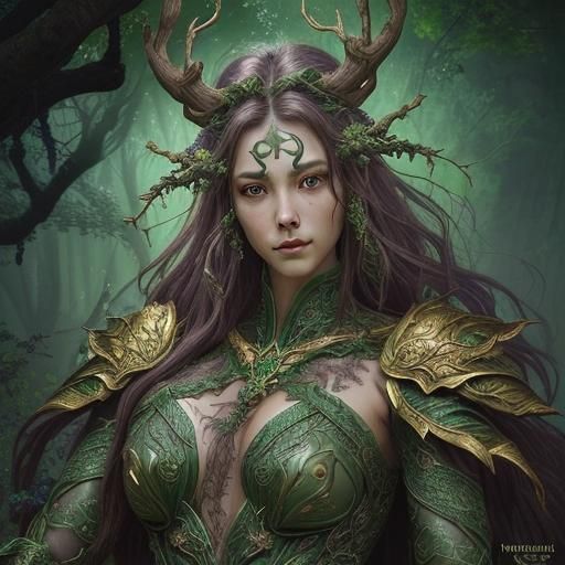 beautiful treant, warrior of nature, fantasy, epic armor bar...