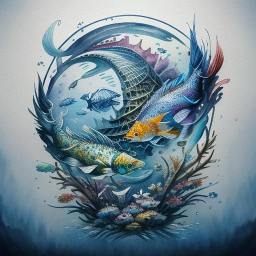 Pisces zodiac sign, two fish, watercolor, pencil sketch, ink...